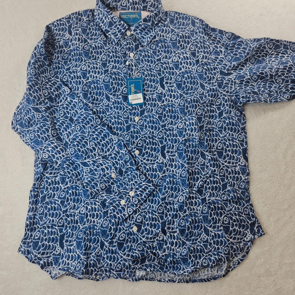 Michaels Mens Navy Blue Fish Print 100% Linen Button Down Shirt WOVS2603 L NEW